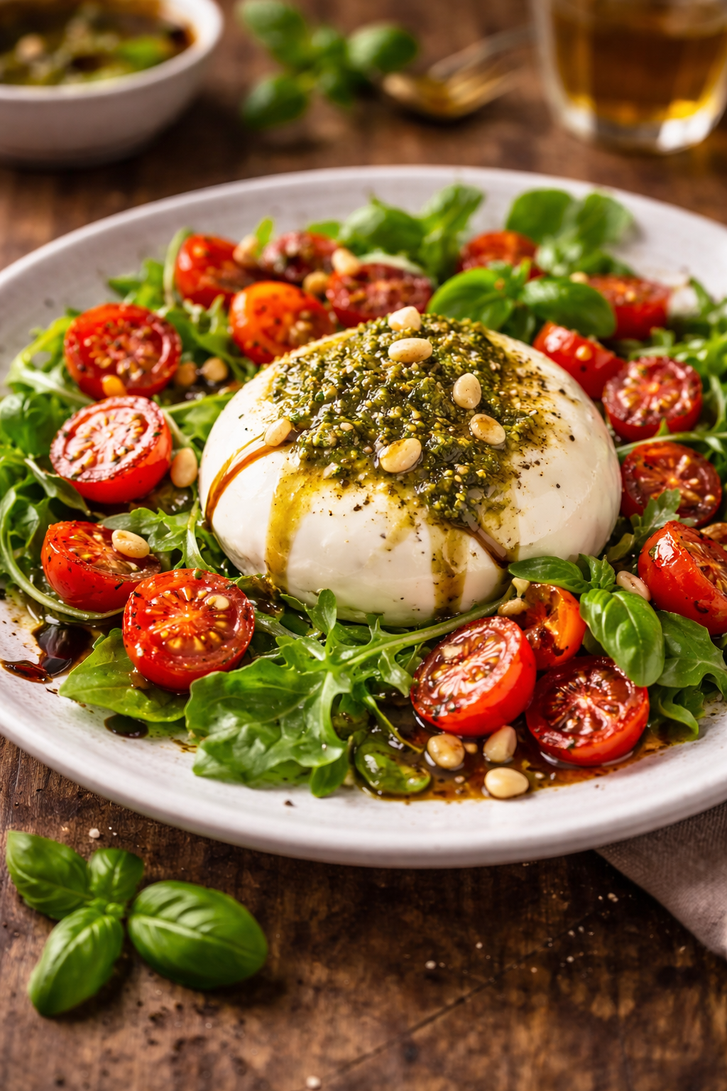 Burrata crémeuse, tomates confites & pesto